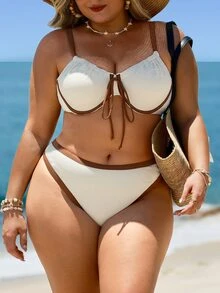 Swim Lushoire Plus Size Women Summer Beach Vacation Textured Contrast Color Underwire Bikini Set - Apricot - View 4