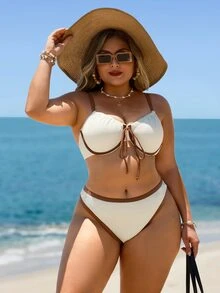 Swim Lushoire Plus Size Women Summer Beach Vacation Textured Contrast Color Underwire Bikini Set - Apricot - View 5