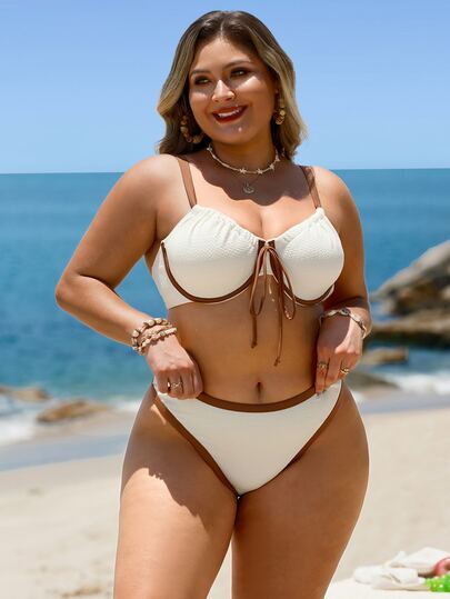 Swim Lushoire Set Bikini Berkawat dengan Tekstur dan Warna Kontras untuk Liburan Pantai Musim Panas Wanita Ukuran Plus