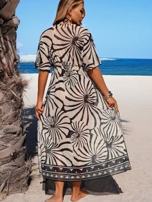 Swim Lushoire Women's Spring/Summer Beach Mesh Printed V-Neck Short Sleeve Cinched Waist Slit Maxi Vacation Dress Cover-Up - Black - View 3