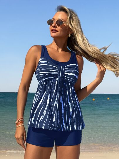 Swim Lushoire 2pcs/Set Women Striped Print Bowknot Front Round Neck Wide Strap Top +Black Swimshorts, Simple Tie Dye Summer Casual Holiday Vacation Holiday Bikini