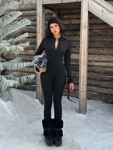 Muchica 女款休閒修身加厚長袖連身褲，適合秋冬穿著，滑雪運動套裝，適用於秋冬滑雪、深冬、萬聖節、派對、聖誕節、新年、感恩節、婚禮、畢業典禮、優雅場合、外出、約會、通勤，防寒防潮防雪 - 黑色 - 查看 6