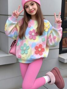女童寬鬆可愛3D花卉印花圓領長袖套頭運動衫，藍黃粉白配色，校園秋季上衣 - 彩色 - 查看 1