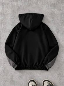 SHEIN 1件青少年男孩春秋款海軍藍、白色與紅色拼色美式運動風字母印花拼接插肩袖半拉鍊連帽衫 - 黑色 - 查看 2