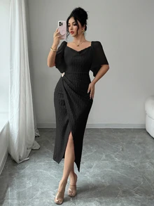 Modelyn Women's Metal Buckle Contrast Color Ruffled Collar Petal Sleeve Fitted Elegant Dress, Spring/Summer - Black - View 8