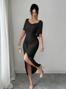 Modelyn Women's Metal Buckle Contrast Color Ruffled Collar Petal Sleeve Fitted Elegant Dress, Spring/Summer - Black - View 10