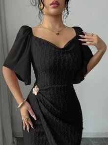 Modelyn Women's Metal Buckle Contrast Color Ruffled Collar Petal Sleeve Fitted Elegant Dress, Spring/Summer - Black - View 9