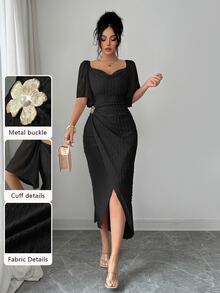 Modelyn Women's Metal Buckle Contrast Color Ruffled Collar Petal Sleeve Fitted Elegant Dress, Spring/Summer - Black - View 11