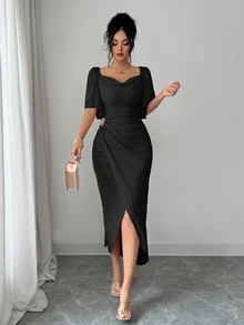 Modelyn Women's Metal Buckle Contrast Color Ruffled Collar Petal Sleeve Fitted Elegant Dress, Spring/Summer - Black - View 7