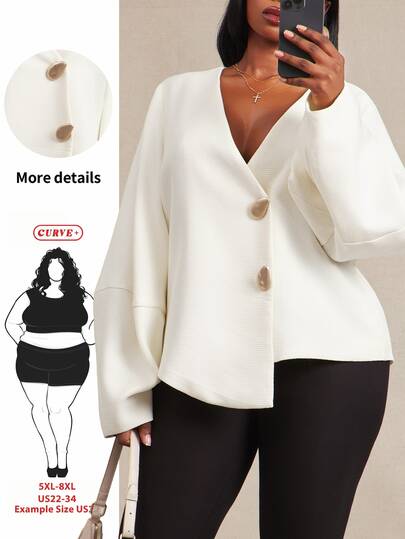 SHEIN CURVE+ جاكيت نسائي مقاس كبير خريف/شتاء جديد بتصميم غير متماثل وخطوط مائلة من التويد الناعم بأكمام طويلة وأكمام خفاشية، مناسب للتنقل اليومي وحفلات العطلات والكريسماس والهالوين
