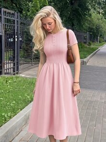 SHEIN MOD Navy Blue Cable Knit Texture Button Decor Round Neck Dress - Baby Pink - View 7
