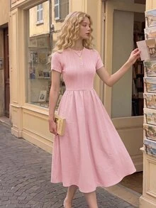 SHEIN MOD Navy Blue Cable Knit Texture Button Decor Round Neck Dress - Baby Pink - View 1