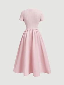 SHEIN MOD Navy Blue Cable Knit Texture Button Decor Round Neck Dress - Baby Pink - View 2