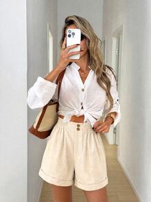 Easowa Casual Relaxed Elegant Commuter Women's Shorts 100 Cotton Ruffle Waistband Slanted Pockets A-Line Shorts - Apricot - View 5