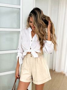 Easowa Casual Relaxed Elegant Commuter Women's Shorts 100 Cotton Ruffle Waistband Slanted Pockets A-Line Shorts - Apricot - View 4