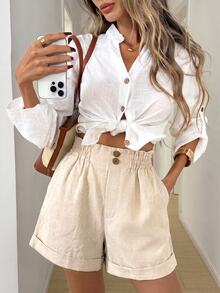 Easowa Casual Relaxed Elegant Commuter Women's Shorts 100 Cotton Ruffle Waistband Slanted Pockets A-Line Shorts - Apricot - View 2