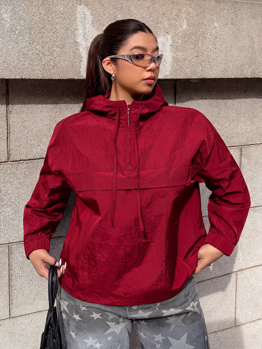 Muchica Plus Size Women's Solid Color Half-Zip Hooded Long Sleeve Jacket Autumn Club Office Red Smart Casual Sport Fall - Red - View 1