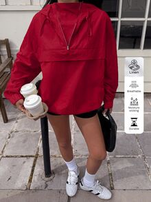 Muchica Plus Size Women's Solid Color Half-Zip Hooded Long Sleeve Jacket Autumn Club Office Red Smart Casual Sport Fall - Red - View 3