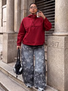 Muchica Plus Size Women's Solid Color Half-Zip Hooded Long Sleeve Jacket Autumn Club Office Red Smart Casual Sport Fall - Red - View 6