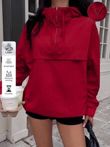 Muchica Plus Size Women's Solid Color Half-Zip Hooded Long Sleeve Jacket Autumn Club Office Red Smart Casual Sport Fall - Red - View 4