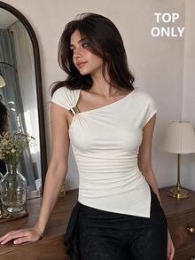 Skyraze Women Solid Ruched Asymmetrical Neck Metal Decor Cap Sleeve Slim Fit Tee Cream White Sweet Girly Party Streetwear Christmas Halloween Fall Top - Apricot - View 1