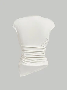 Skyraze Women Solid Ruched Asymmetrical Neck Metal Decor Cap Sleeve Slim Fit Tee Cream White Sweet Girly Party Streetwear Christmas Halloween Fall Top - Apricot - View 2