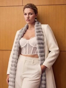 MOTF PREMIUM PLUS SIZE WOMEN'S FUZZY PATCHWORK CASUAL VERSATILE OVERCOAT - White - View 2