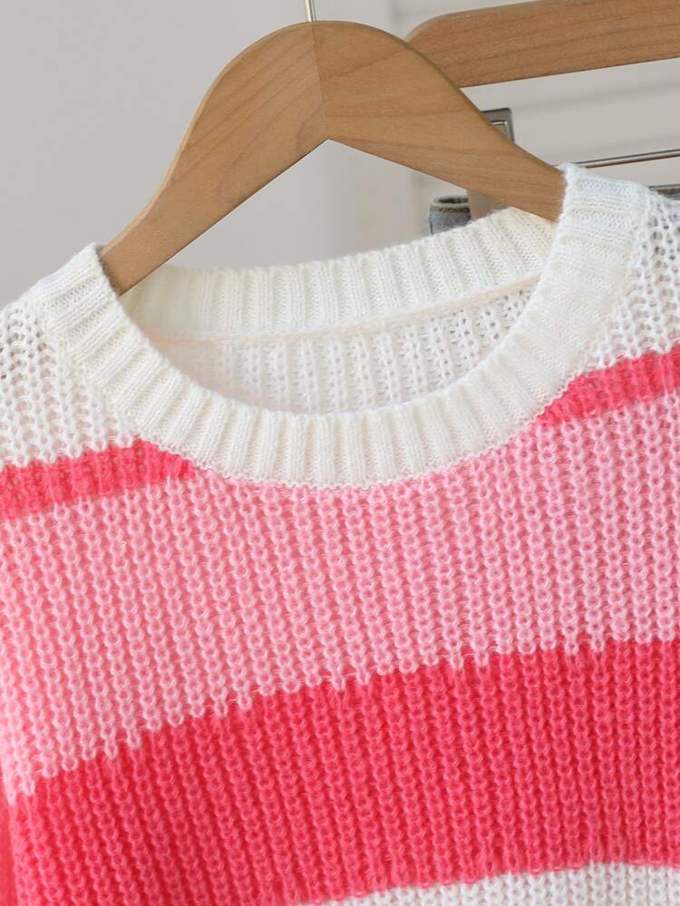 SHEIN 1pc Girls' Pullover Sweater, Fashionable Minimalist Versatile Round Neck Pink Dopamine Color Block Striped Patchwork Dropped Shoulder Long Sleeve Casual Sweet Cool Style, Regular Thickness, Neat Hem, Tight Cuffs, Looks Great Worn Alone, Bright Colors, Easy To Put On, Suitable For Daily Wear, , School, Parties And Other Occasions, Autumn/Winter Outfit - Pink - View 5