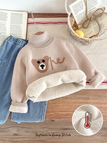 Cozy Pixies 1件男童女童兒童休閒學院風舒適純色百搭寬鬆套頭可愛熊刺繡圖案抓絨內裡高領毛衣，可作為內搭或外套穿著，適用於室內、戶外、滑雪、休閒、運動、日常、假日等多種場合 - 杏色 - 查看 1
