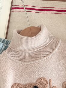 Cozy Pixies 1件男童女童兒童休閒學院風舒適純色百搭寬鬆套頭可愛熊刺繡圖案抓絨內裡高領毛衣，可作為內搭或外套穿著，適用於室內、戶外、滑雪、休閒、運動、日常、假日等多種場合 - 杏色 - 查看 5