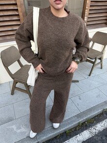 DAZY 女款純色長袖上衣與長褲針織兩件套 秋季 - 棕色 - 查看 9