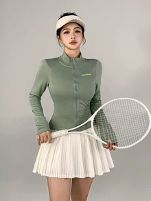 DAZY 秋冬韓系綠色立領拉鍊字母印花短版健身戶外休閒街頭風女款運動夾克 - 薄荷綠 - 查看 8