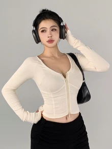 DAZY Women's Solid Color Zipper Casual Daily Travel Sports T-Shirt - Beige - View 9