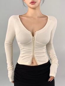 DAZY Women's Solid Color Zipper Casual Daily Travel Sports T-Shirt - Beige - View 1
