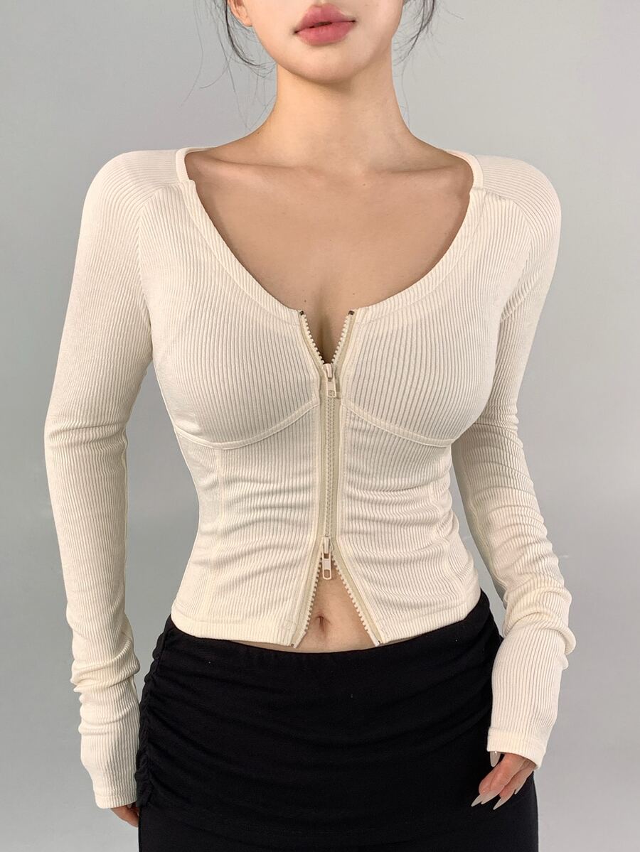 DAZY Women's Solid Color Zipper Casual Daily Travel Sports T-Shirt - Beige - View 1