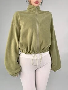 DAZY Autumn/Winter Korean Style Army Green Stand Collar Fleece Short Loose Drawstring Hem Street Casual Outdoor Women's Sports Jacket - Limelight Green - View 10