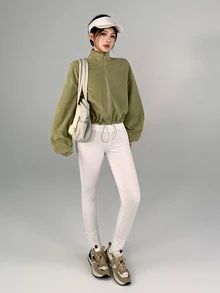 DAZY Autumn/Winter Korean Style Army Green Stand Collar Fleece Short Loose Drawstring Hem Street Casual Outdoor Women's Sports Jacket - Limelight Green - View 8