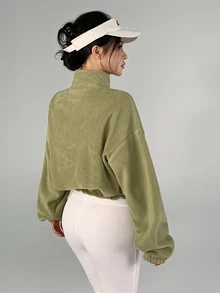 DAZY Autumn/Winter Korean Style Army Green Stand Collar Fleece Short Loose Drawstring Hem Street Casual Outdoor Women's Sports Jacket - Limelight Green - View 9