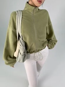 DAZY Autumn/Winter Korean Style Army Green Stand Collar Fleece Short Loose Drawstring Hem Street Casual Outdoor Women's Sports Jacket - Limelight Green - View 6