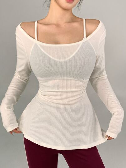 DAZY Camiseta deportiva para mujer de estilo coreano, color blanco crema, hombros descubiertos, ajuste ceñido, larga, capa base, casual, para calle, fitness y yoga, otoño/invierno