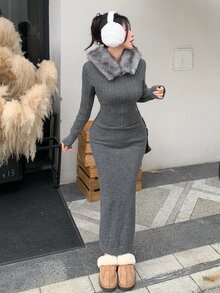 DAZY Women's 2pcs Gray Fuzzy Patchwork Knit Cardigan Bodycon Skirt Set, Slimming, Casual Elegant, Commute, Date Going Out, Fall - Dark Grey - View 9