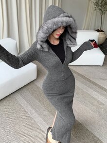 DAZY Women's 2pcs Gray Fuzzy Patchwork Knit Cardigan Bodycon Skirt Set, Slimming, Casual Elegant, Commute, Date Going Out, Fall - Dark Grey - View 5