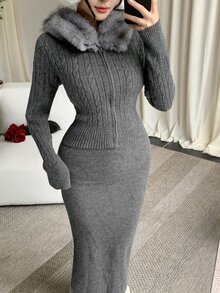 DAZY Women's 2pcs Gray Fuzzy Patchwork Knit Cardigan Bodycon Skirt Set, Slimming, Casual Elegant, Commute, Date Going Out, Fall - Dark Grey - View 8