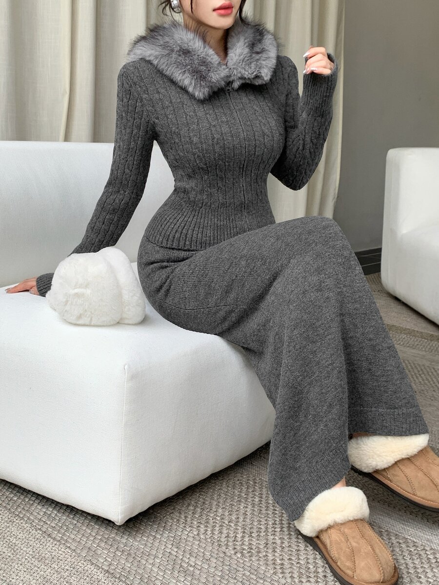 DAZY Women's 2pcs Gray Fuzzy Patchwork Knit Cardigan Bodycon Skirt Set, Slimming, Casual Elegant, Commute, Date Going Out, Fall - Dark Grey - View 1