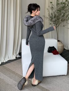DAZY Women's 2pcs Gray Fuzzy Patchwork Knit Cardigan Bodycon Skirt Set, Slimming, Casual Elegant, Commute, Date Going Out, Fall - Dark Grey - View 10