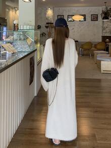 DAZY Women's White V-Neck Fuzzy Loose Casual Sweet Street Style Straight Sweater Dress For Autumn/Winter - Beige - View 7