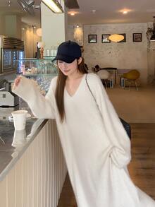 DAZY Women's White V-Neck Fuzzy Loose Casual Sweet Street Style Straight Sweater Dress For Autumn/Winter - Beige - View 9