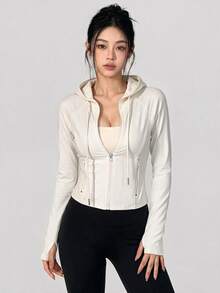 DAZY 女款韓式米色連帽拉鍊修身短版口袋運動外套，適合健身、戶外、跑步，秋冬穿著 - 白色 - 查看 4