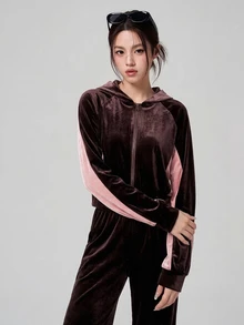 DAZY Autumn/Winter Korean Style Brown & Pink Colorblock Velvet Hooded Short Sweatshirt & Straight Leg Pants Set, Retro Casual Streetwear Women's Sports Outfit - Burgundy - View 5