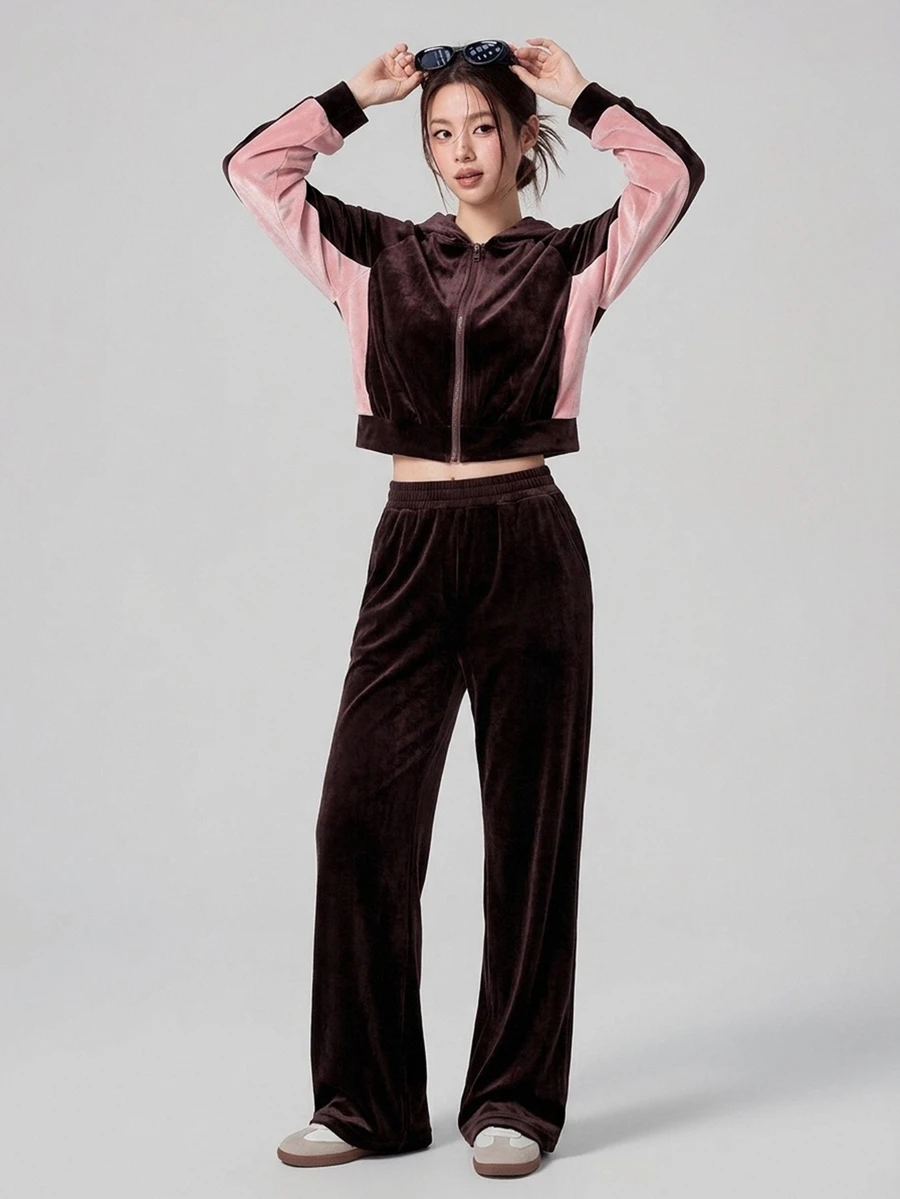 DAZY Autumn/Winter Korean Style Brown & Pink Colorblock Velvet Hooded Short Sweatshirt & Straight Leg Pants Set, Retro Casual Streetwear Women's Sports Outfit - Burgundy - View 1